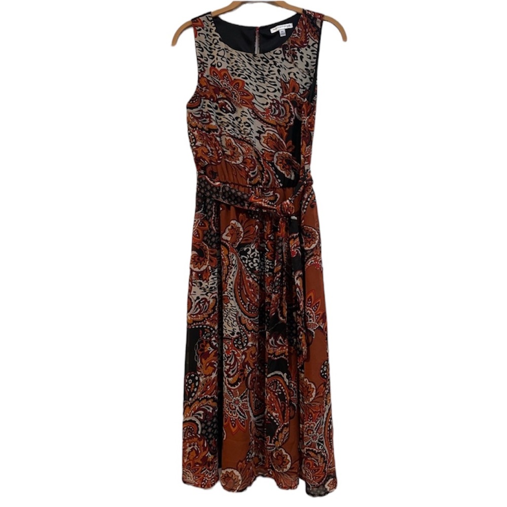NOTATIONS Paisley Sleeveless in Brown A Line Fit and Flare Size Small Petite.